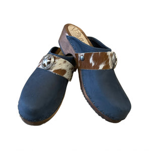 Midnight Blue Traditional Heel Cow print Snap strap Clog
