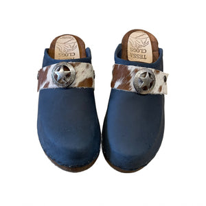 Midnight Blue Traditional Heel Cow print Snap strap Clog
