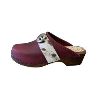 Black Cherry Traditional Heel Cow print Snap strap Clog