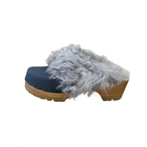 Midnight Blue Mountain Clogs with Light Blue Shearling cuff and insole