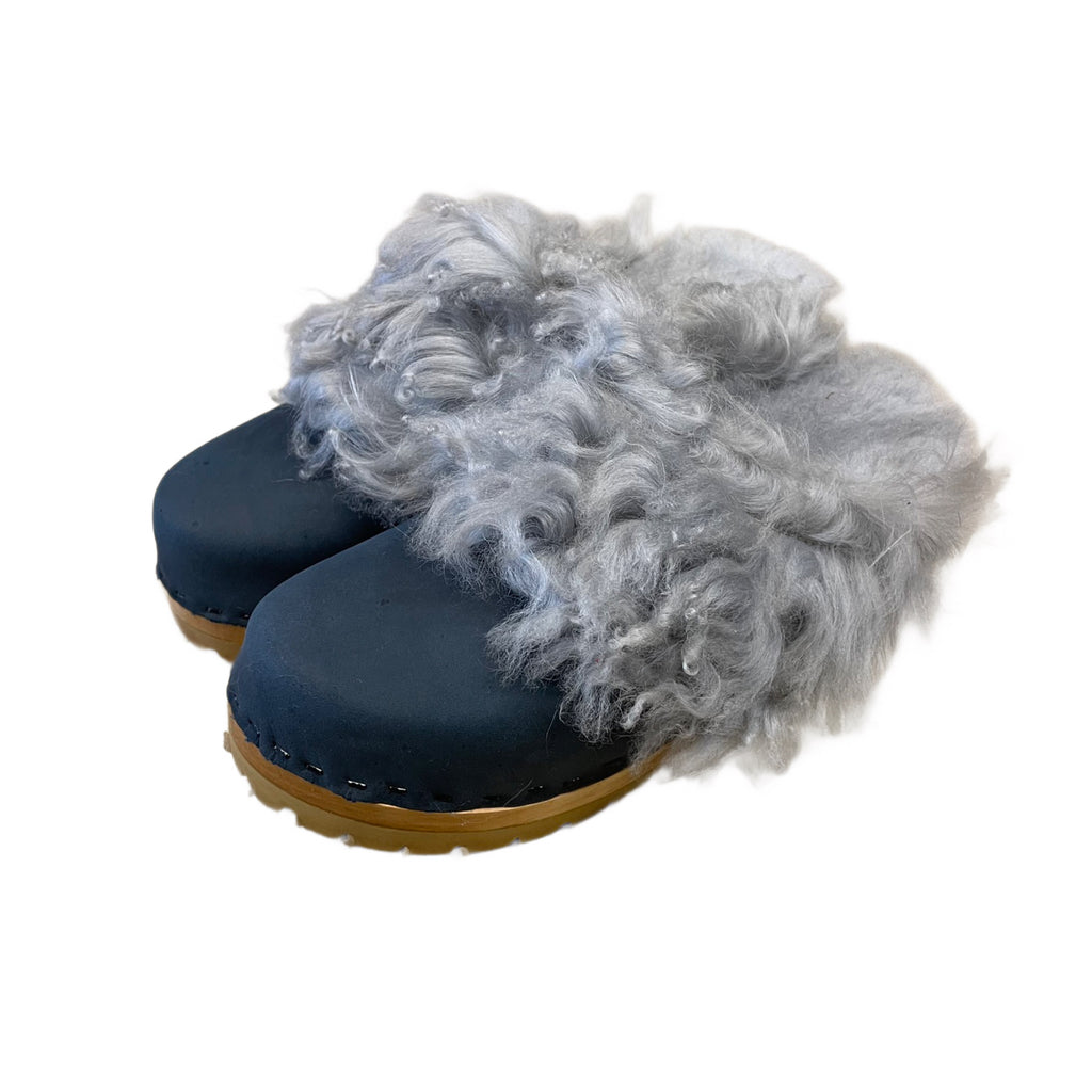 Midnight Blue Mountain Clogs with Light Blue Shearling cuff and insole