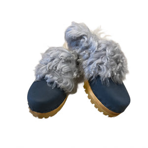 Midnight Blue Mountain Clogs with Light Blue Shearling wide cuff and insole