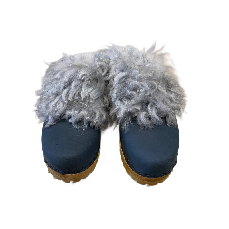 Midnight Blue Mountain Clogs with Light Blue Shearling cuff and insole