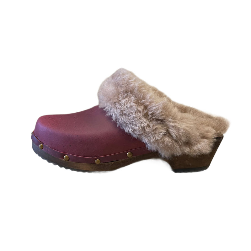 Black Cherry Traditional heel shearling Clogs with decorative nails