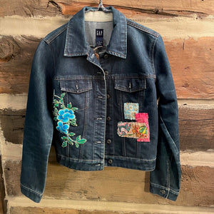 Denim jacket with floral embroidery and patches 