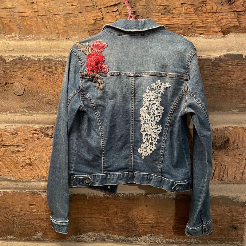 Denim jacket with floral and lace embroidery 