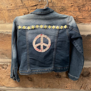 Denim jacket with peace symbol and floral embellishments 