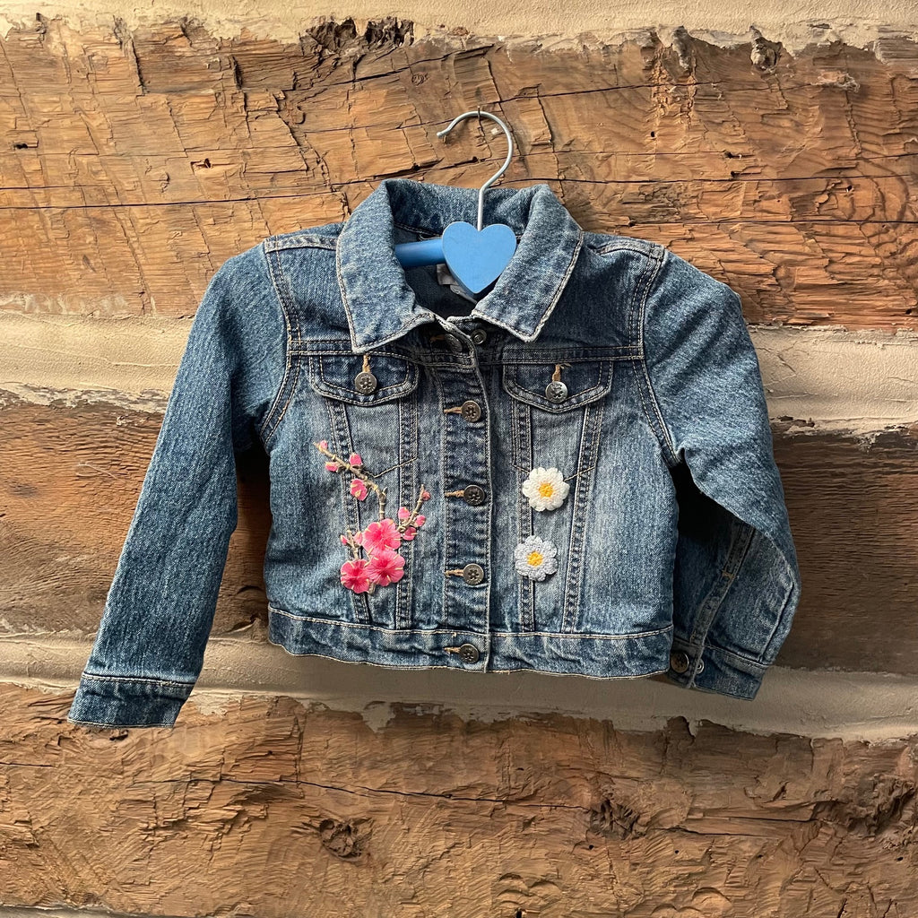 Blue denim jacket with floral embroidery 