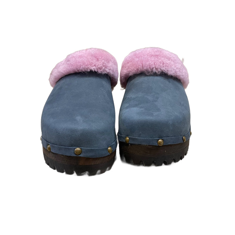 Denim Blue Mountain Clogs with Pink Shearling, finished with decorative nails
