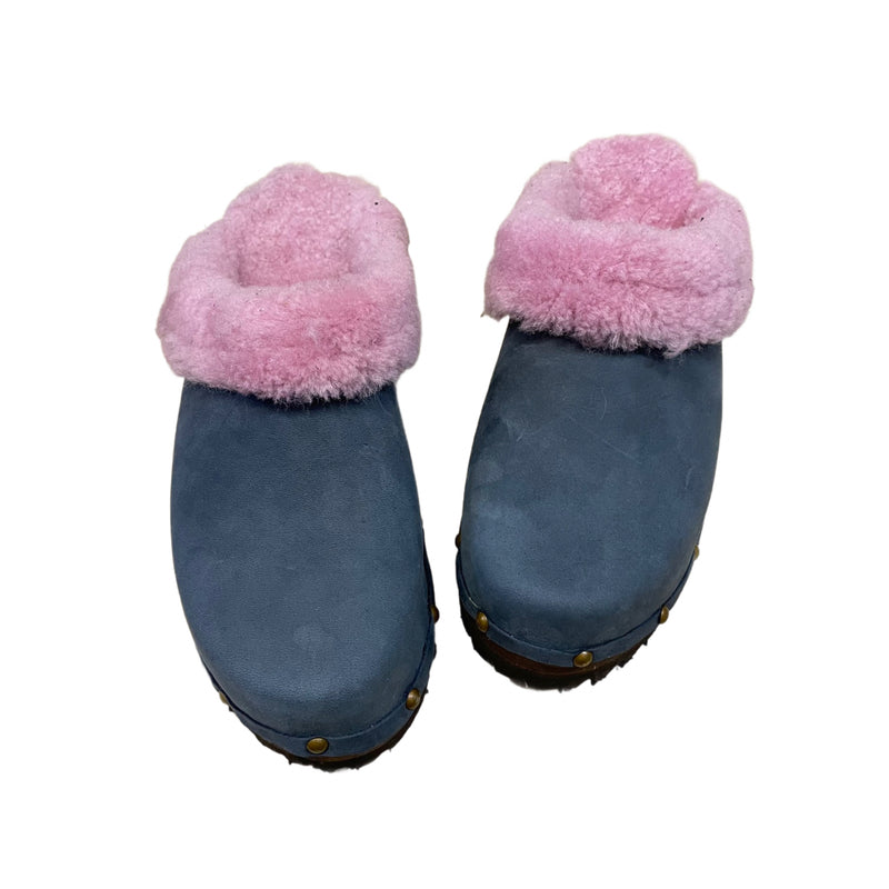 Denim Blue Mountain Clogs with Pink Shearling, finished with decorative nails
