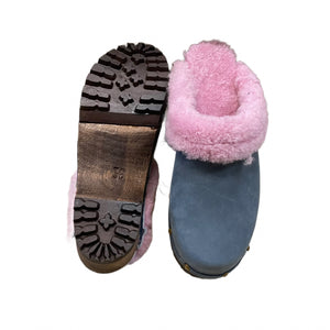Denim Blue Mountain Clogs with Pink Shearling, finished with decorative nails