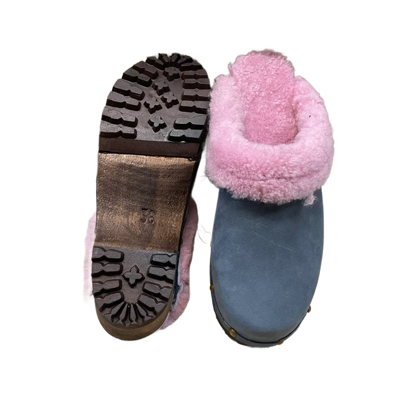 Denim Blue Mountain Clogs with Pink Shearling, finished with decorative nails