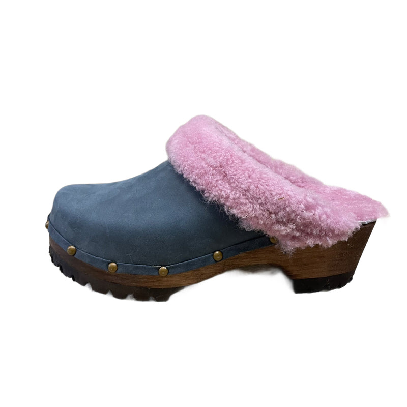 Denim Blue Mountain Clogs with Pink Shearling, finished with decorative nails