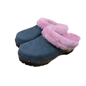 Denim Blue Mountain Clogs with Pink Shearling, finished with decorative nails