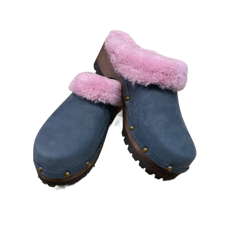 Denim Blue Mountain Clogs with Pink Shearling, finished with decorative nails