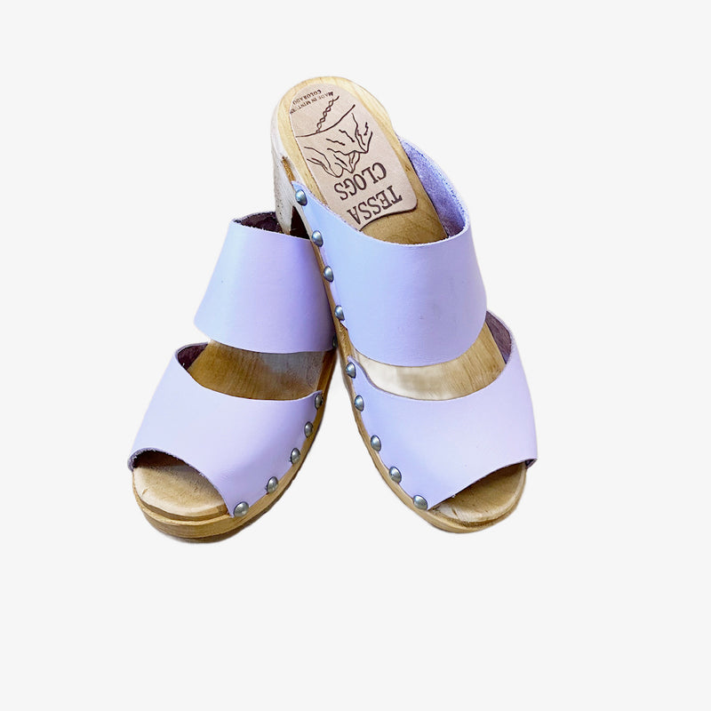 High Heel Two Strap Sandal in Lilac Leather