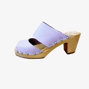 High Heel Two Strap Sandal in Lilac Leather