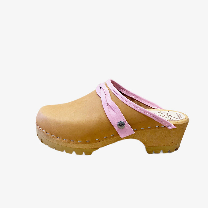 Natural with Pink Edgeband and Braided Snap Strap Mountain Clog