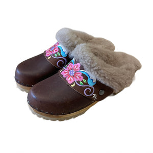 Brown Shearling Clogs with handpainted brown petra strap