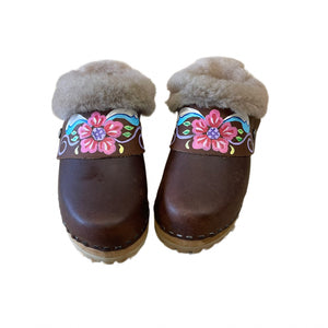 Brown Shearling Clogs with handpainted brown petra strap
