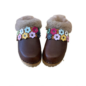 Brown Shearling Clogs with Linnea Snap Strap
