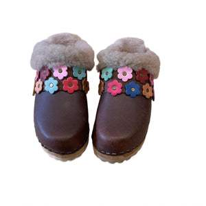 Brown Shearling Clogs with Linnea Snap Strap