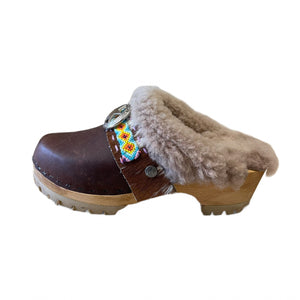 Brown Shearling Clogs with Boho Snap Strap
