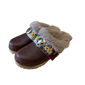 Brown Shearling Clogs with Boho Snap Strap