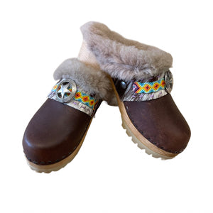 Brown Shearling Clogs with Boho Snap Strap