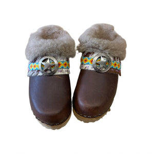 Brown Shearling Clogs with Boho Snap Strap