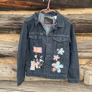 Upcyled Emboidered Flower Patch Denim Jacket
