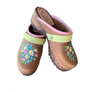 Chocolate Brown Mountain Clogs with hand painted Vail Flower design