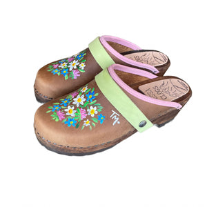 Chocolate Brown Mountain Clogs with hand painted Vail Flower design