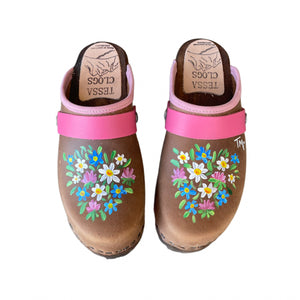 Chocolate Brown Mountain Clogs with hand painted Vail Flower design