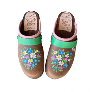Chocolate Brown Mountain Clogs with hand painted Vail Flower design