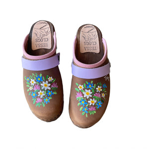 Chocolate Brown Mountain Clogs with hand painted Vail Flower design
