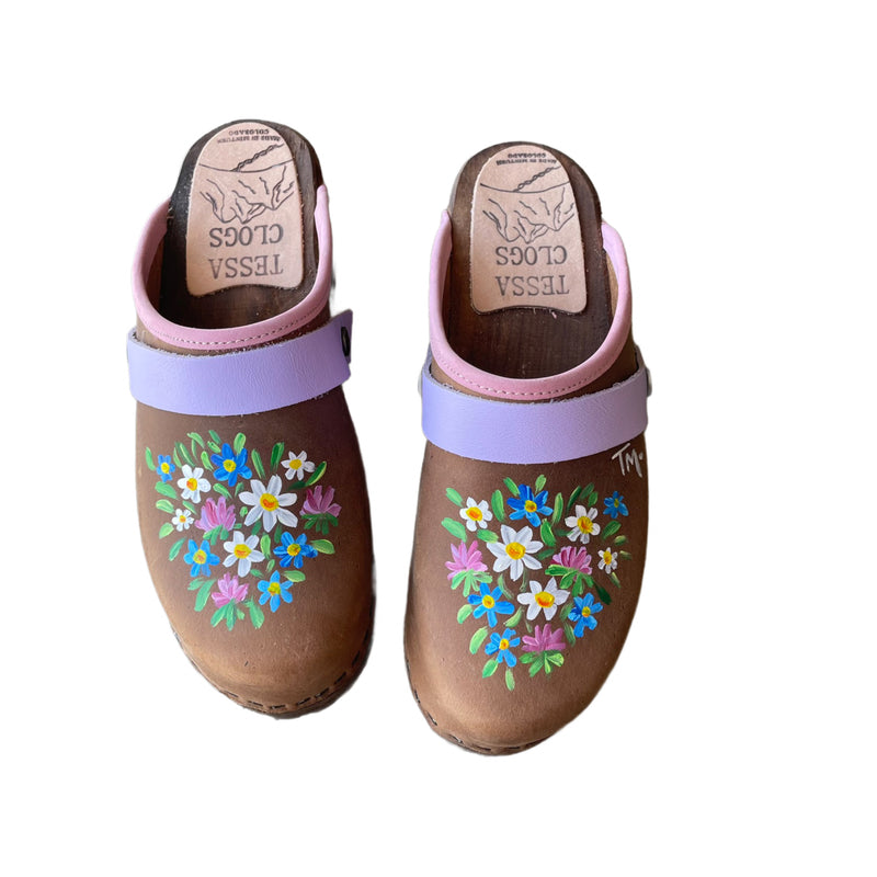 Hand Painted Mountain Clogs with Vail Design,and Snap Straps, Made