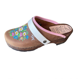 Chocolate Brown Mountain Clogs with hand painted Vail Flower design