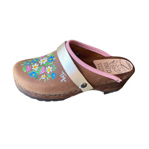 Chocolate Brown Mountain Clogs with hand painted Vail Flower design