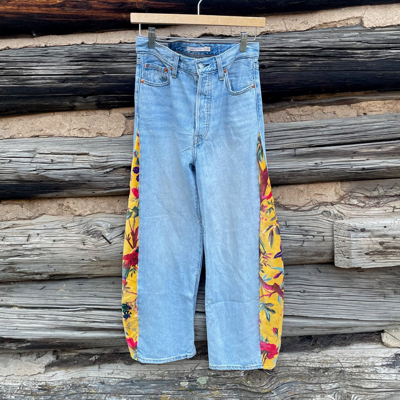 Tessa "Hand Me Downs"  Upcycled Printed Velvet Barrel Jeans Levis Size 26