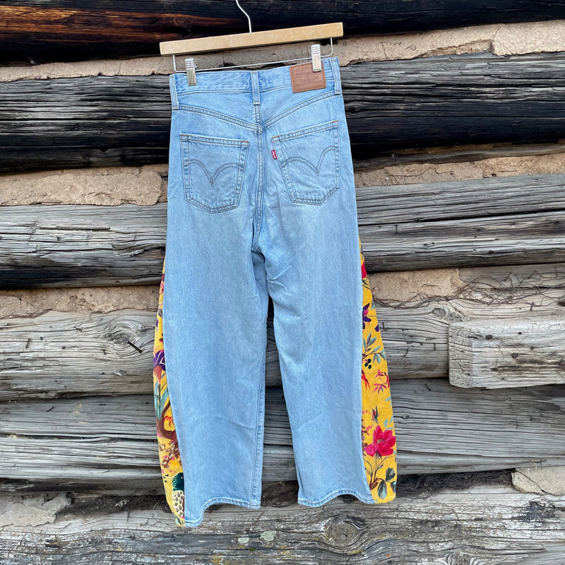 Tessa "Hand Me Downs"  Upcycled Printed Velvet Barrel Jeans Levis Size 26