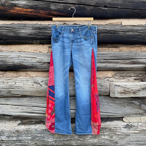 Tessa "Hand Me Downs"  Upcycled Red Quilt Barrel Jeans Size 8