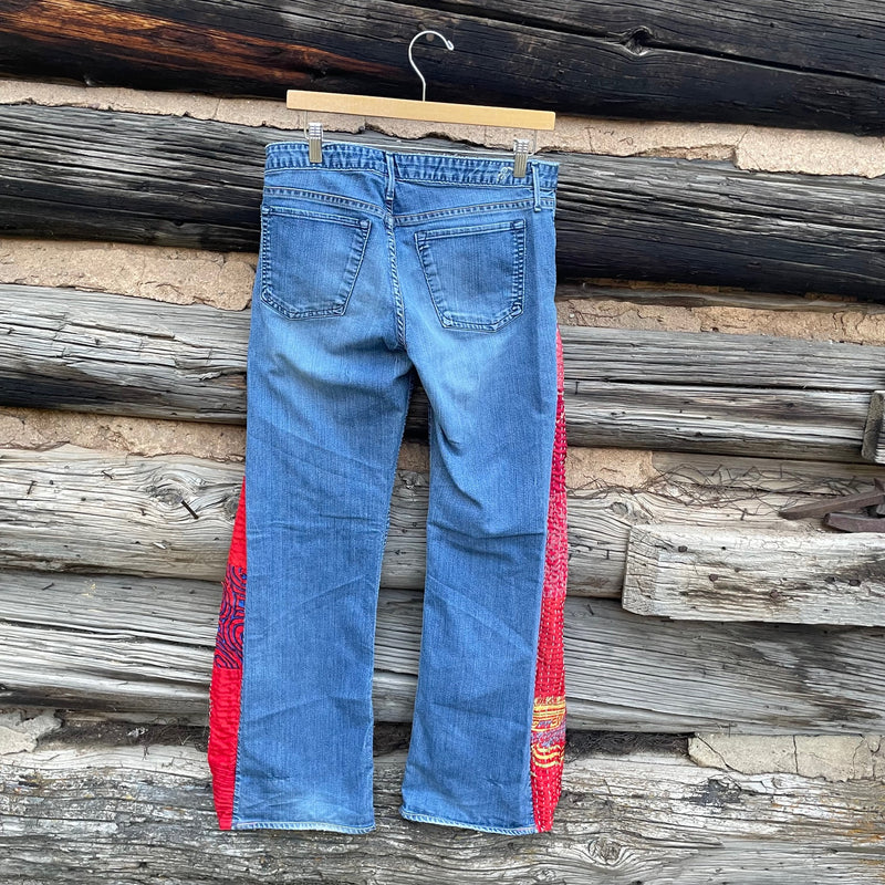 Tessa "Hand Me Downs"  Upcycled Red Quilt Barrel Jeans Size 8