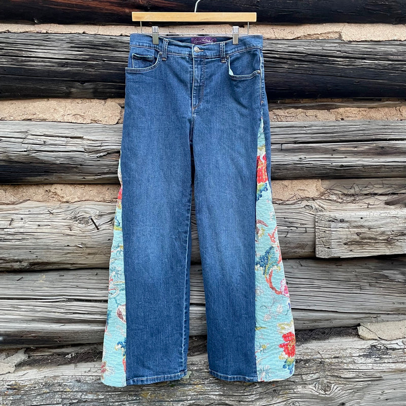 Tessa "Hand Me Downs"  Upcycled Quilt Wedge Jeans Size 10