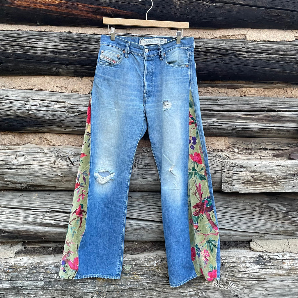 Tessa "Hand Me Downs"  Upcycled Green Velvet Barrel Jeans Diesel Size 30