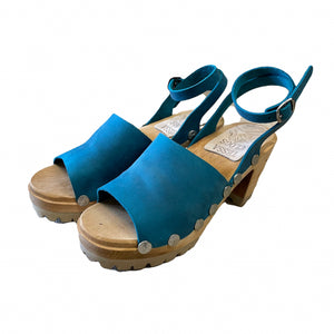 High Heel Mountain Alva Sandal in Teal leather