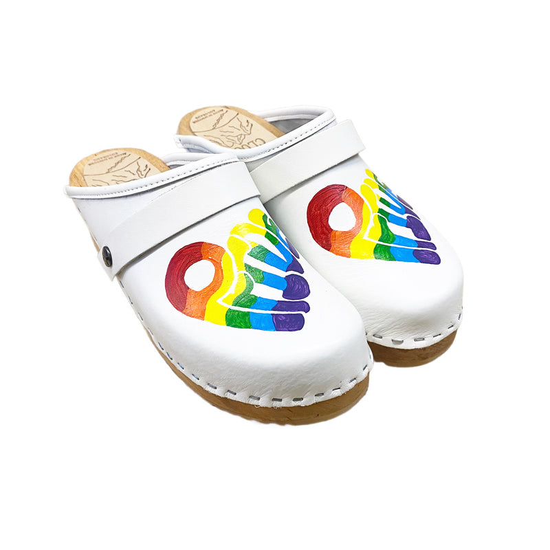 Traditional heel white leather with rainbow pride heart and white snap strap