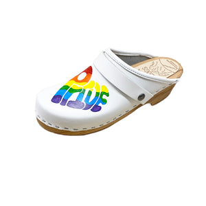 Traditional heel white leather with rainbow pride heart and white snap strap