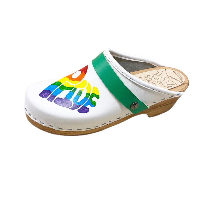 Traditional heel white leather with rainbow pride heart and green snap strap