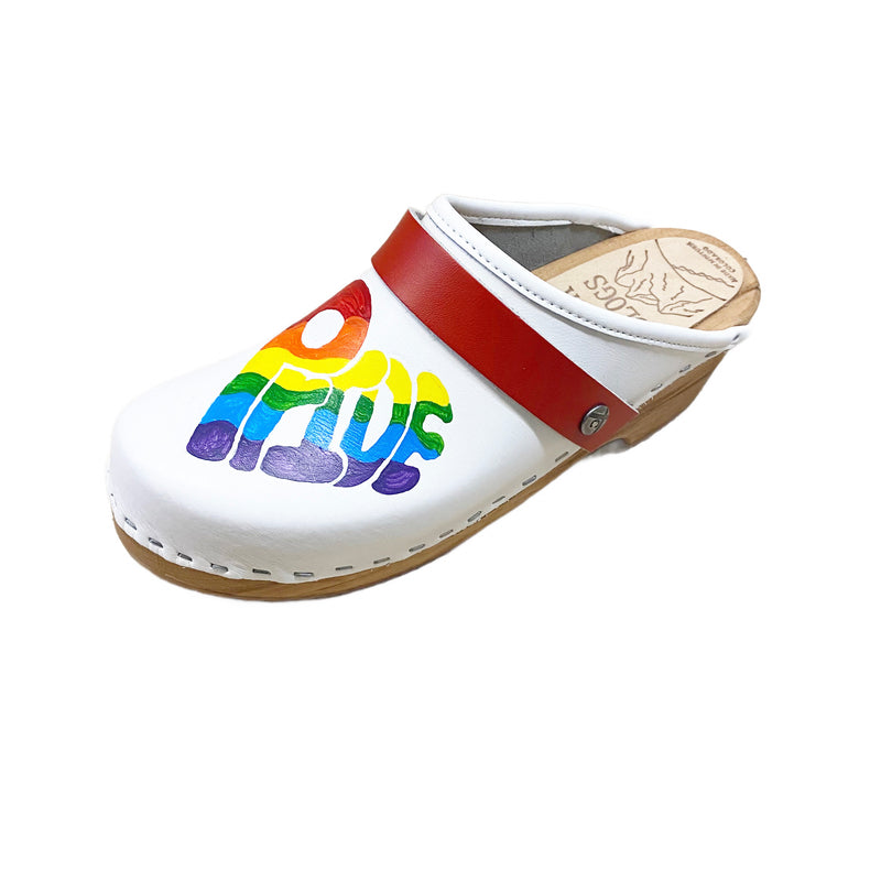 Traditional heel white leather with rainbow pride heart and red snap strap